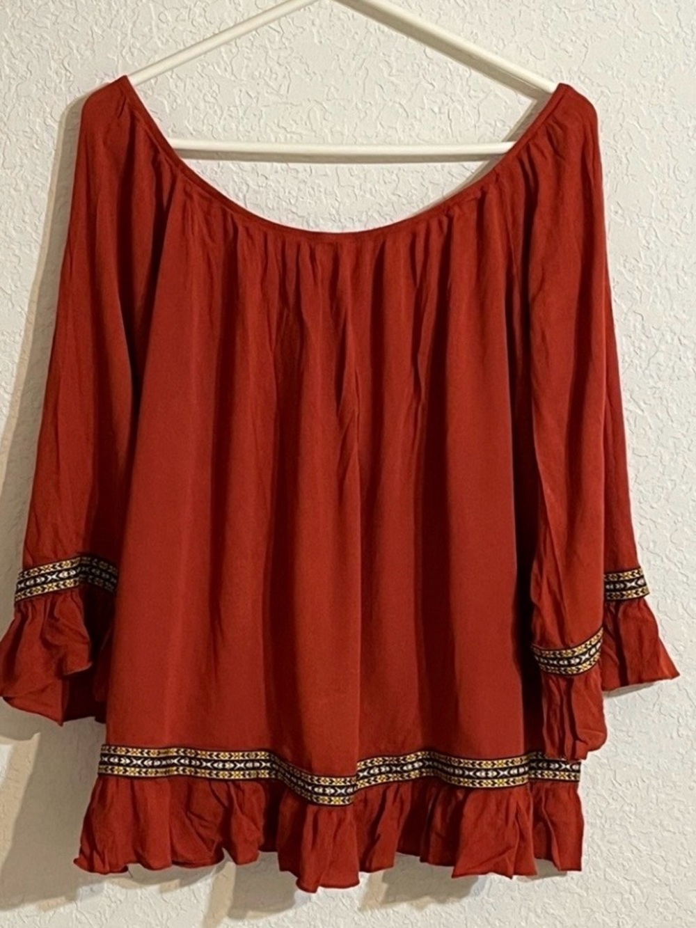 Easel Off Shoulder Size L Rust Peasant Blouse Ruffle Bell Sleeve Boho - Picture 2 of 10